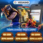 Banner VEGAS4D dengan ninja dan samurai, menampilkan panel informasi nominal dan promosi deposit interaktif.