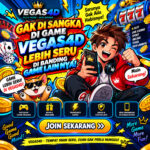 Banner komik VEGAS4D dengan karakter gamer, pilihan game, bonus menarik, dan tombol Join Sekarang