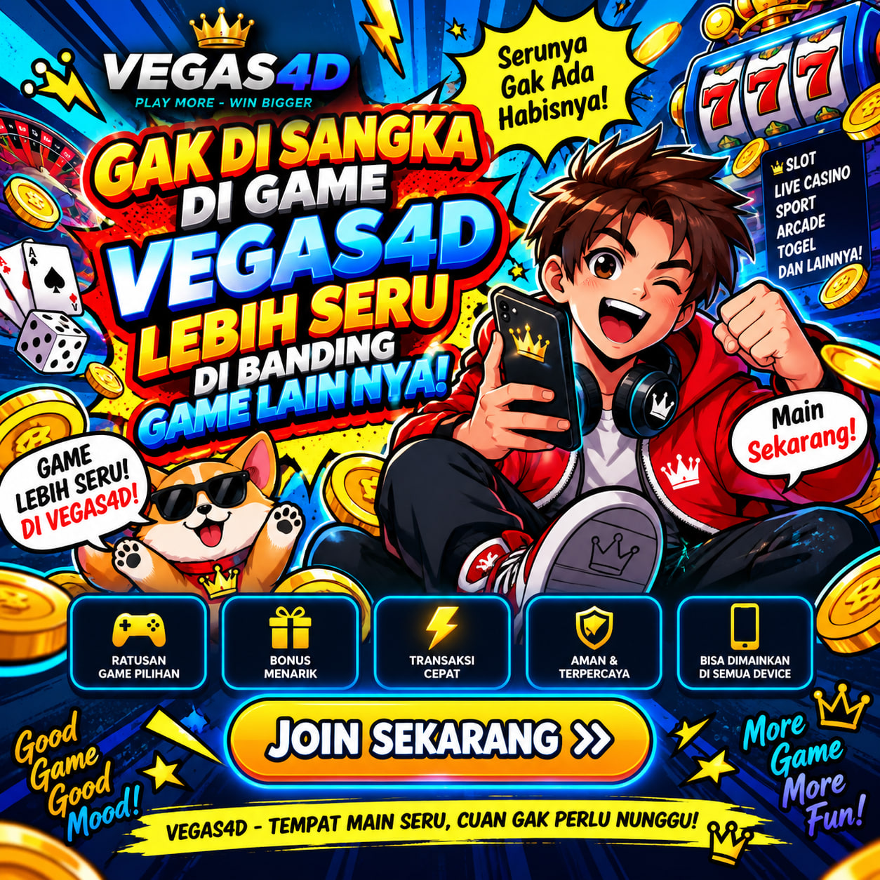 Banner komik VEGAS4D dengan karakter gamer, pilihan game, bonus menarik, dan tombol Join Sekarang